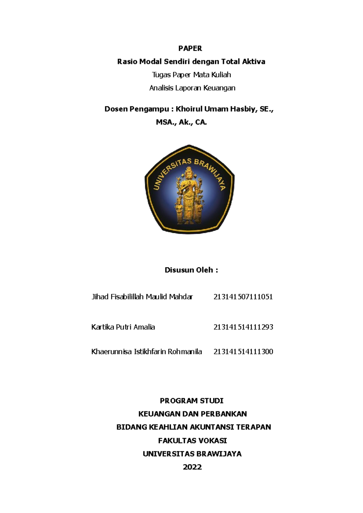 P 9 (ALK) Paper Kel 4 Rasio Modal Sendiri dengan Total Aktiva - PAPER ...