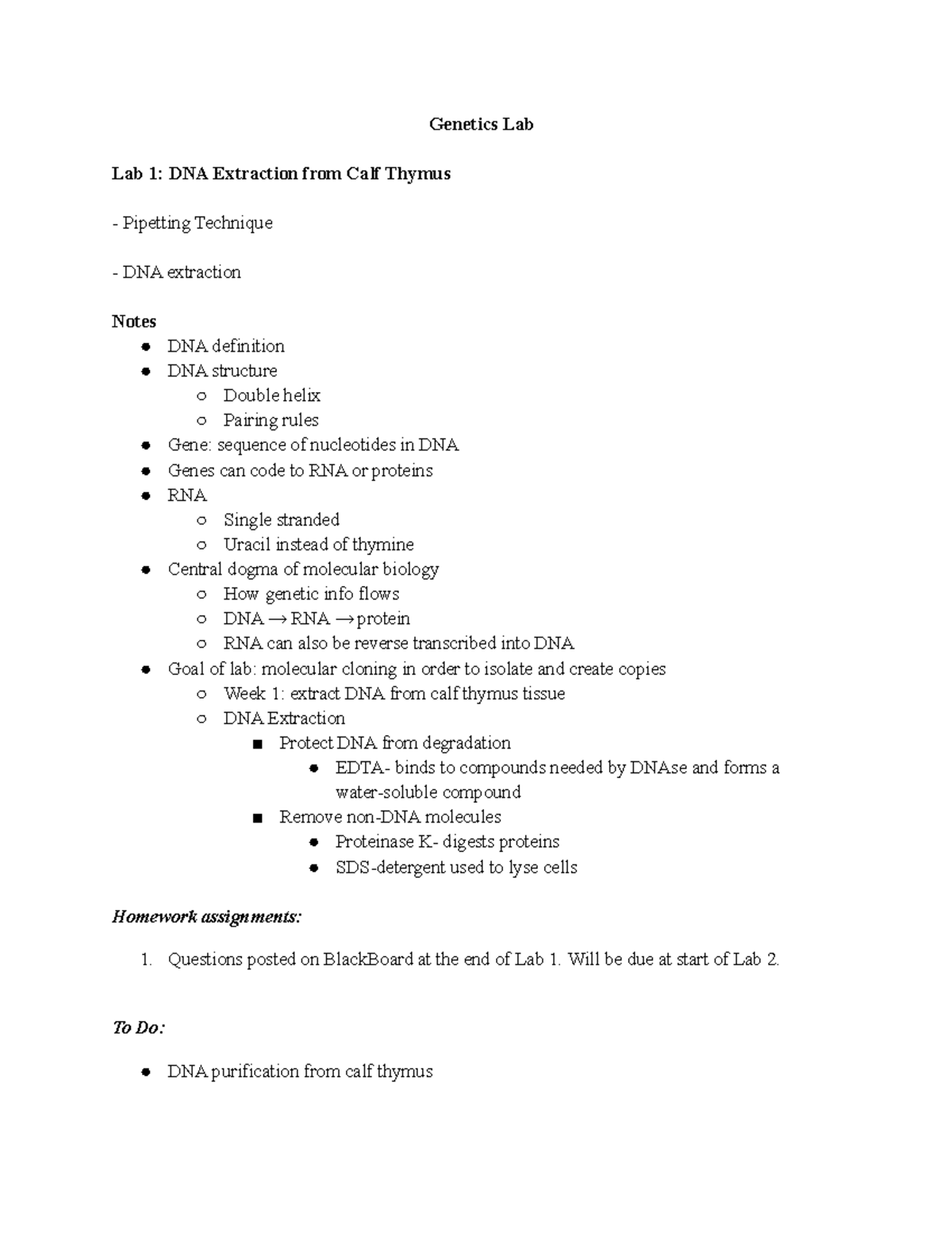 Lab 1 Lecture Notes - Genetics Lab Lab 1: DNA Extraction from Calf ...