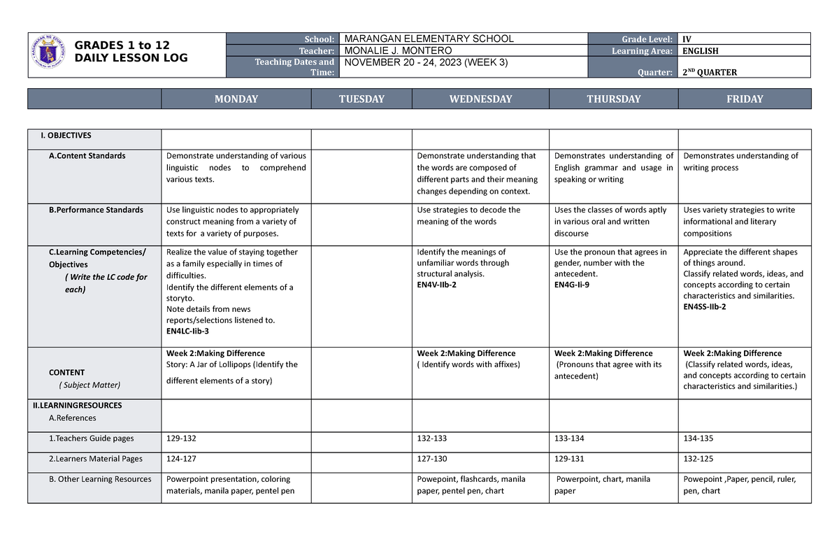 DLL English 4 Q2 W2 - GRADES 1 To 12 DAILY LESSON LOG School: MARANGAN ...