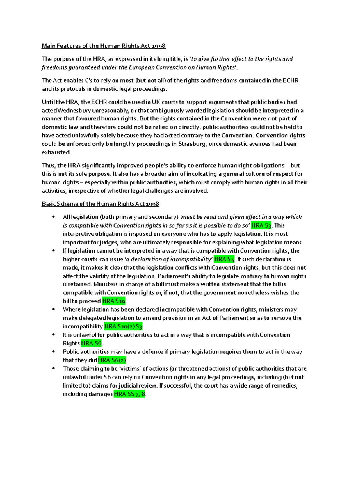 Main Features of the Human Rights Act 1998 - The Act enables C’s to ...