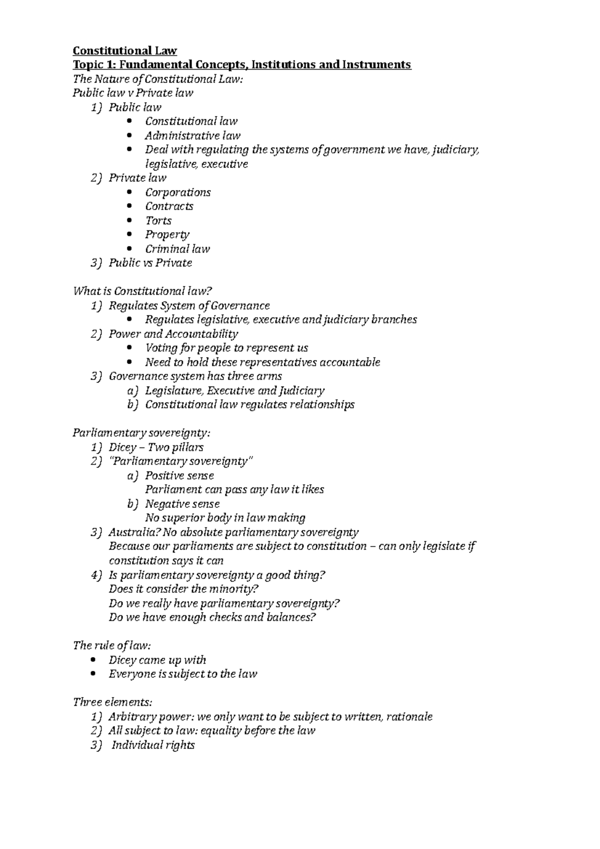 Lecture notes, lectures 1-12 - Constitutional Law Topic 1: Fundamental ...