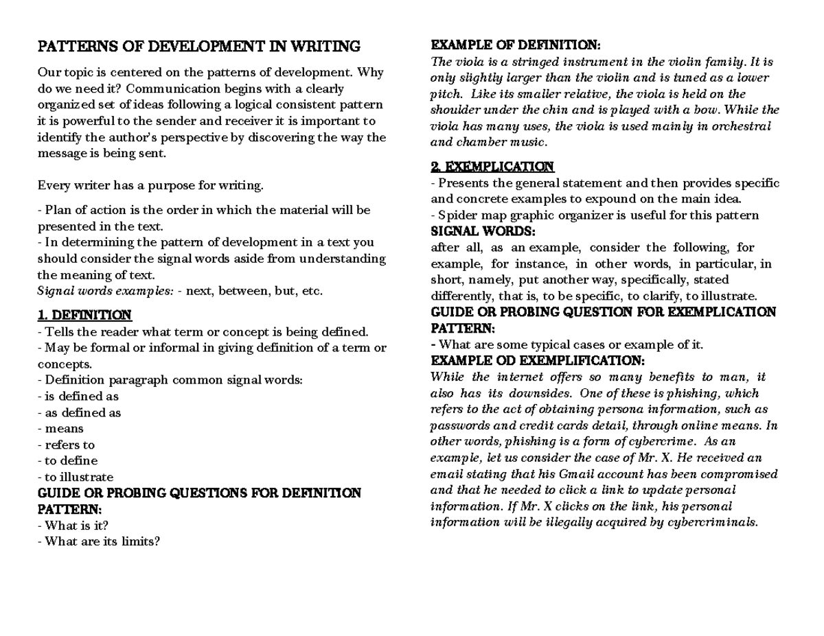Patterns OF Development IN Writing - PATTERNS OF DEVELOPMENT IN WRITING ...