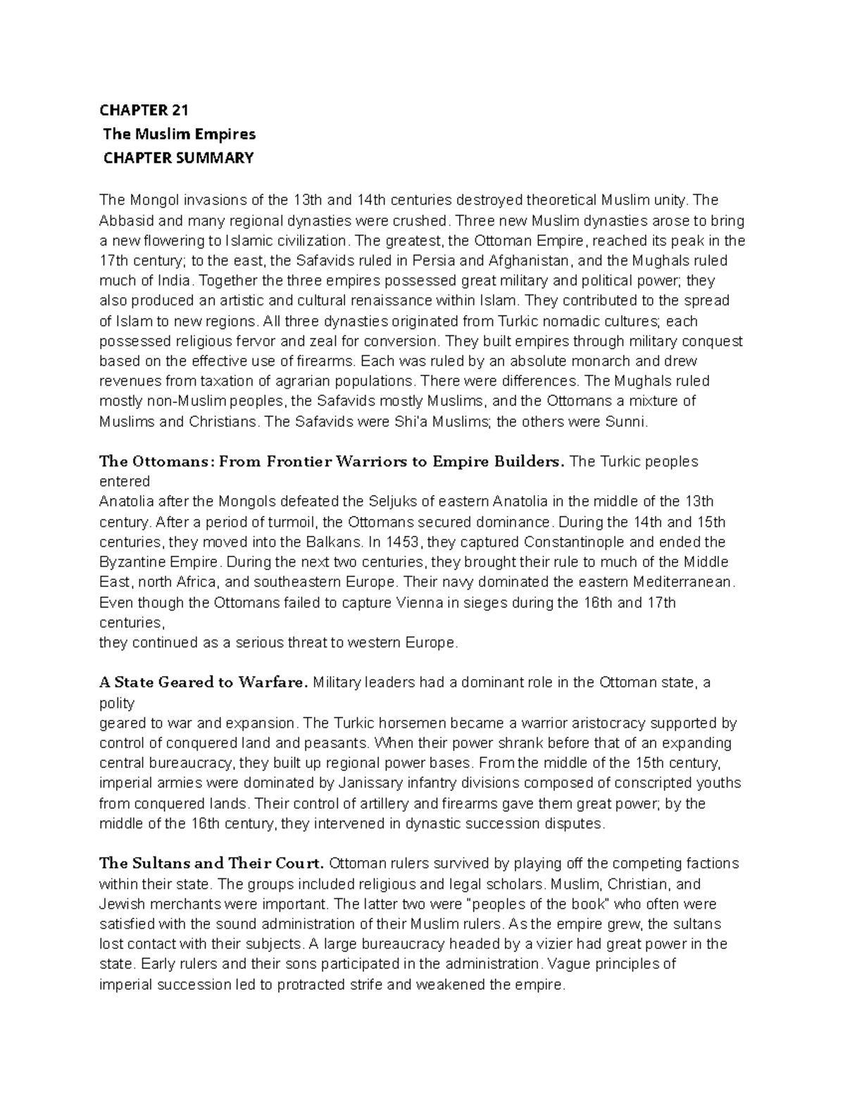 Chapter 21 CHAPTER 21 The Muslim Empires CHAPTER SUMMARY The Mongol