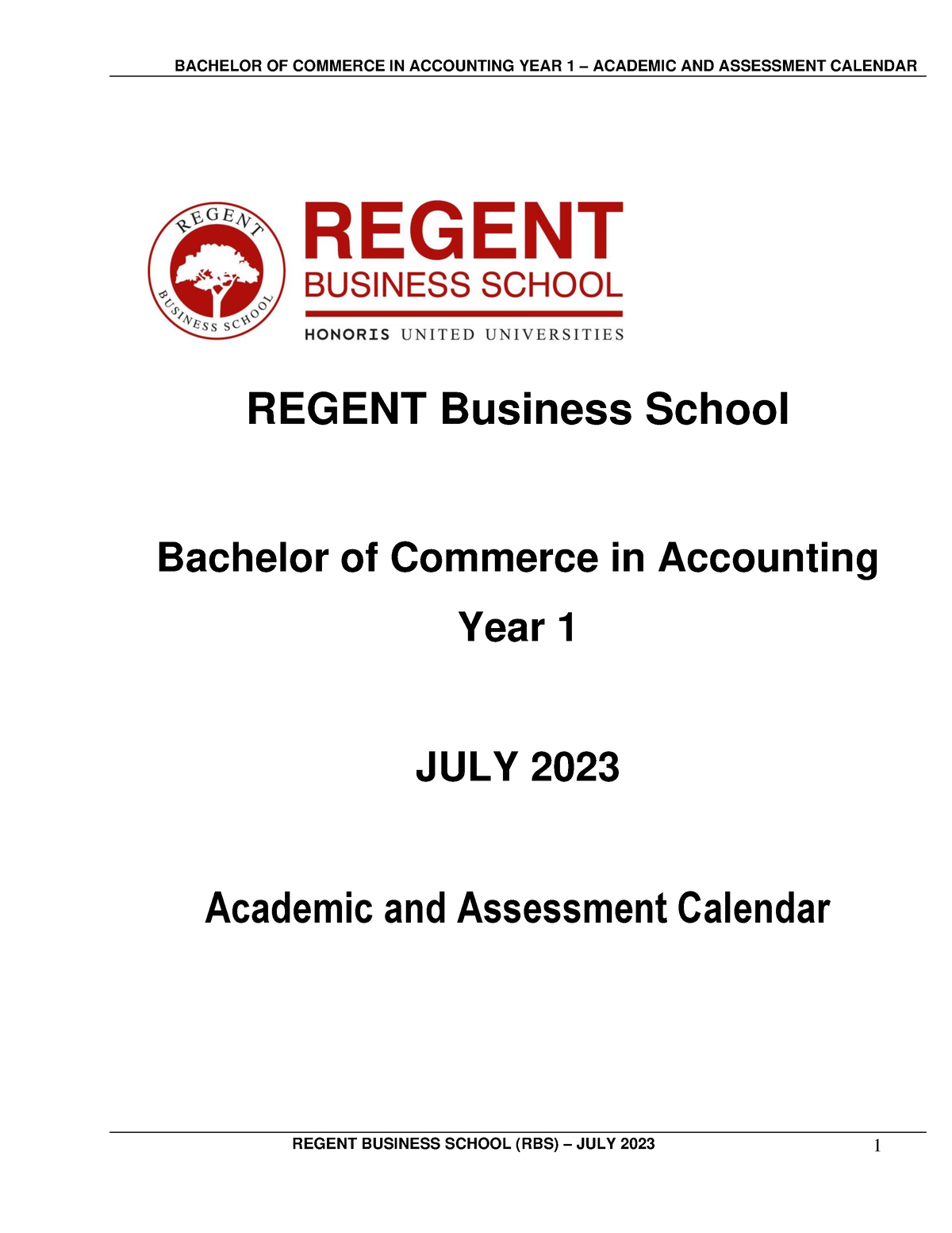 Bcom Acc Y1 Calendar July 2023 Regent Business School Rbs July