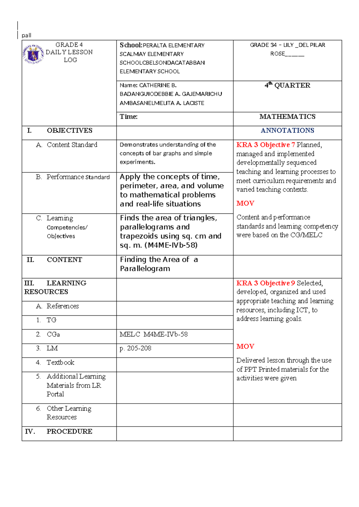 COMATH 44th Quarter Classroom observation in Mathematics pall