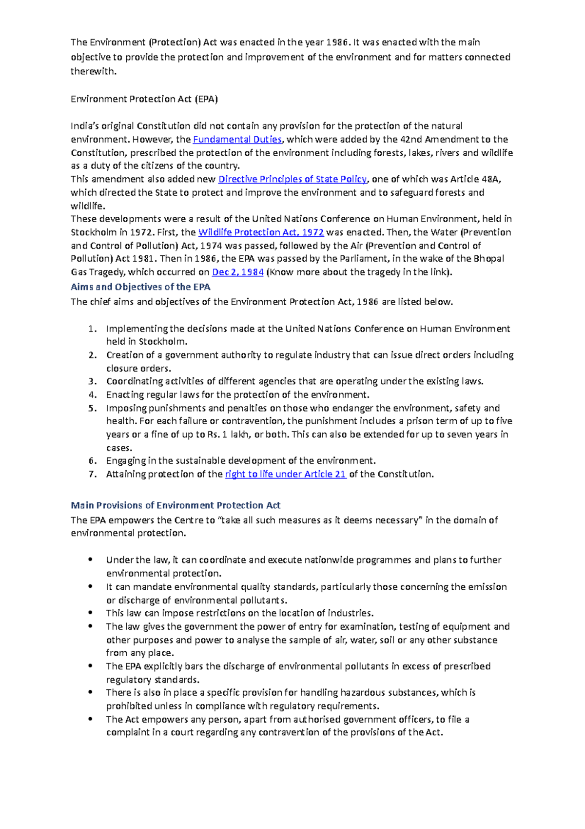 Provisions related to EPA The Environment (Protection) Act was