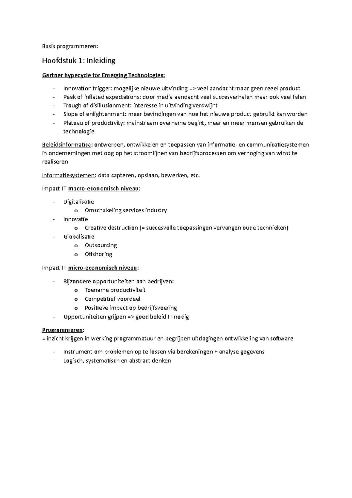 Bp Samenvatting Basis Programmeren Hoofdstuk Inleiding Gartner Hypecycle For Emerging