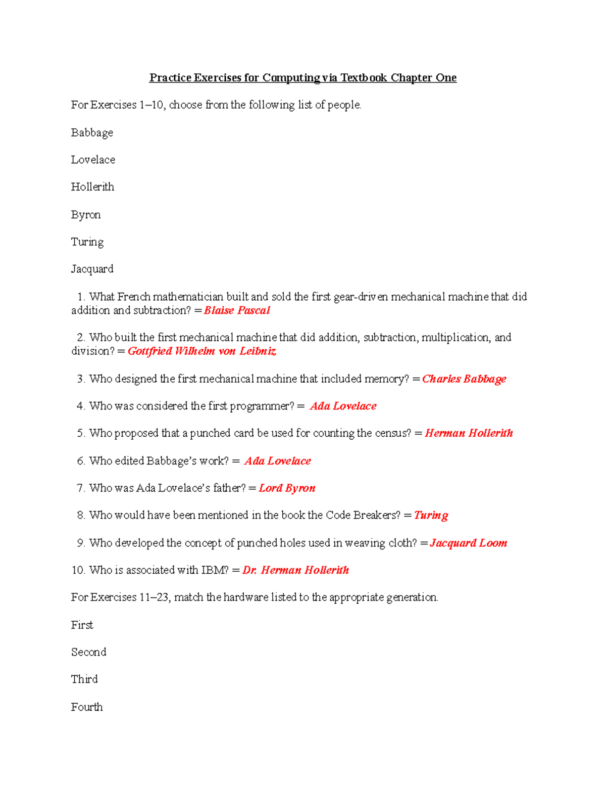 Practice Exercises for Computing via Textbook Chapter One - Babbage ...