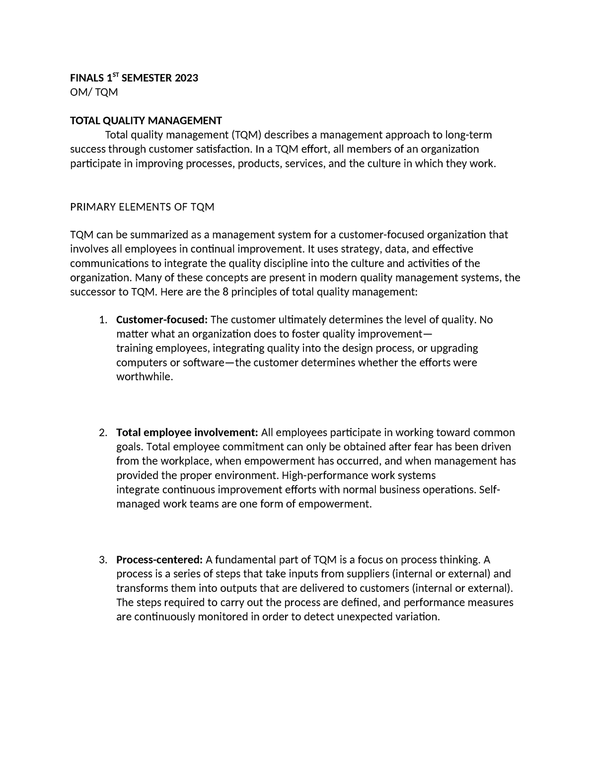 OTQM - OTQM - FINALS 1ST SEMESTER 2023 OM/ TQM TOTAL QUALITY MANAGEMENT ...