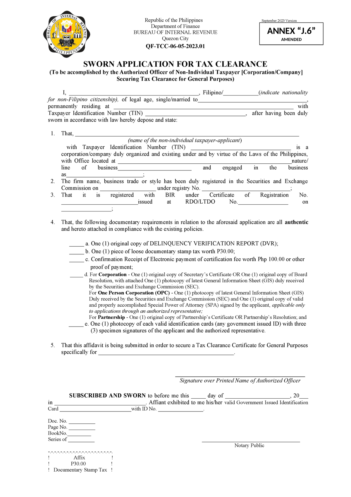 Sworn Application For Tax Clearance For General Purposes Non Individual Taxpayers Copy 9213