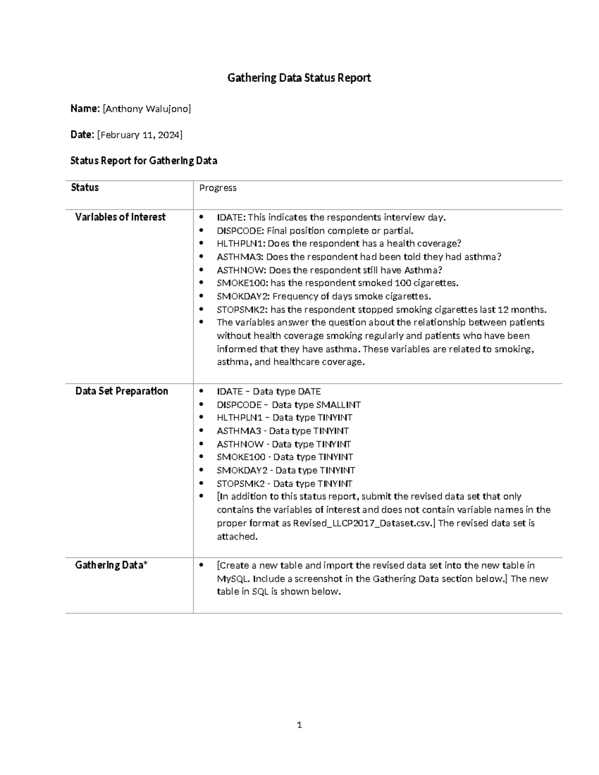 DAT 223 Gathering Data Assignment Status Report Template - Gathering ...