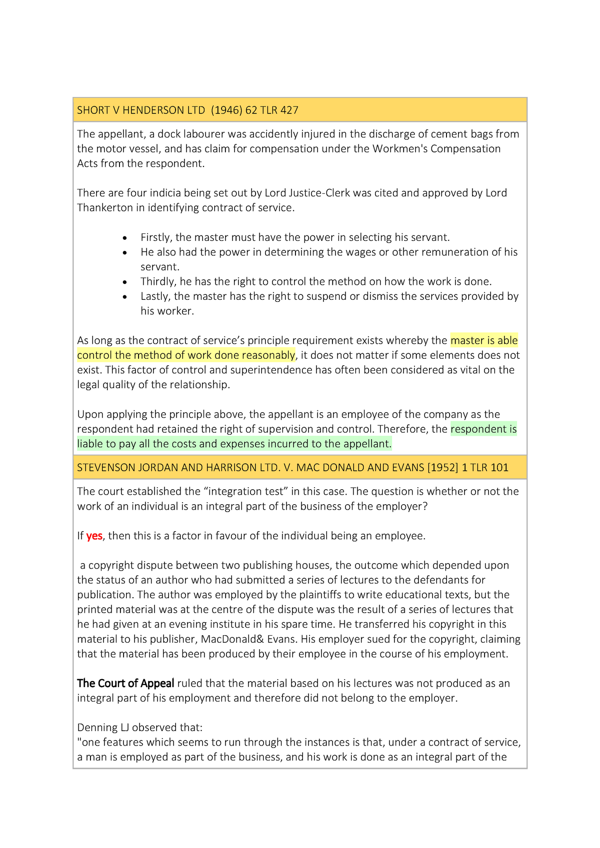 Cases For Vicarious Liability on Tort - SHORT V HENDERSON LTD (1946) 62 ...