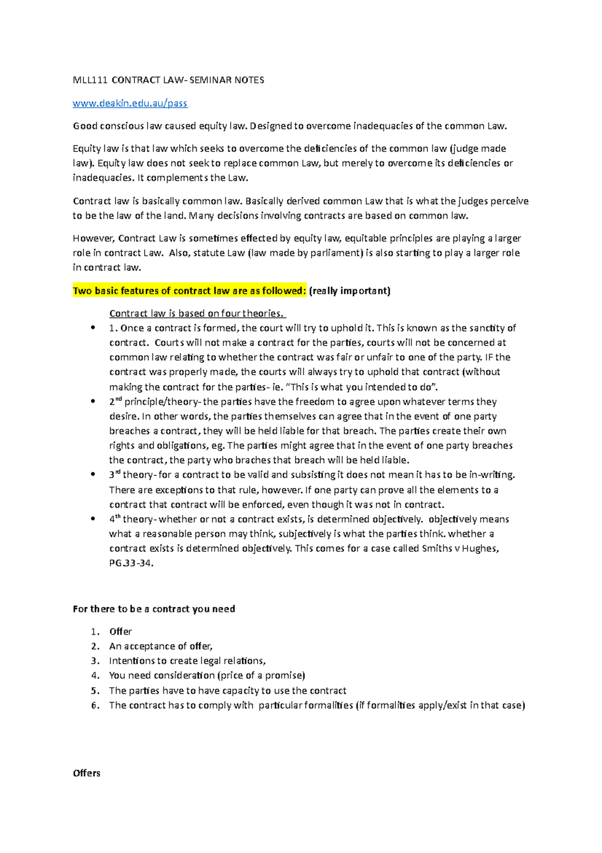 MLL111 Contract LAW Seminar Notes - MLL111 CONTRACT LAW- SEMINAR NOTES ...