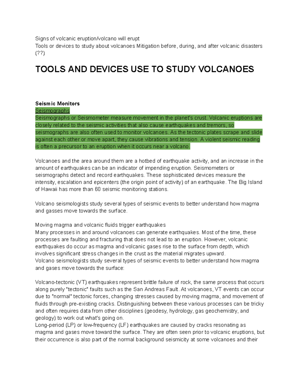 DRRR research - Tools use for volcanoes - Signs of volcanic eruption ...