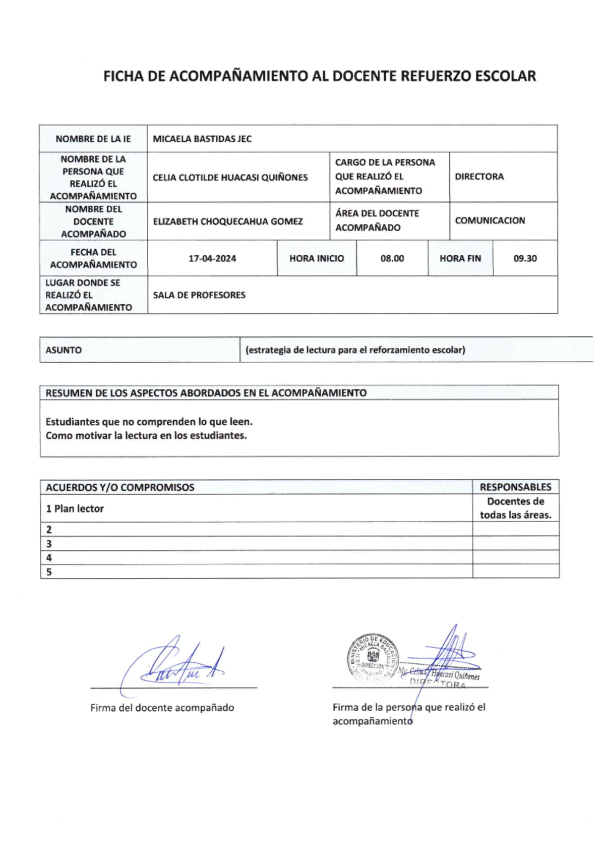 Ficha de acompañamiento de refuerzo escolar a docente - FICHA DE ...