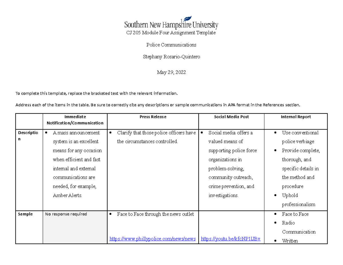 Module Four Assignment Template Police Communications - CJ 205 Module ...
