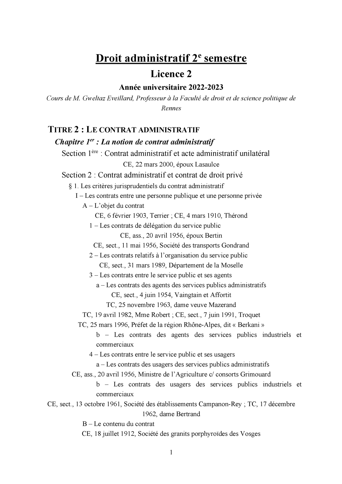 PLAN Droit Administratif Général 2 2023-2024 - Droit Administratif 2 E ...