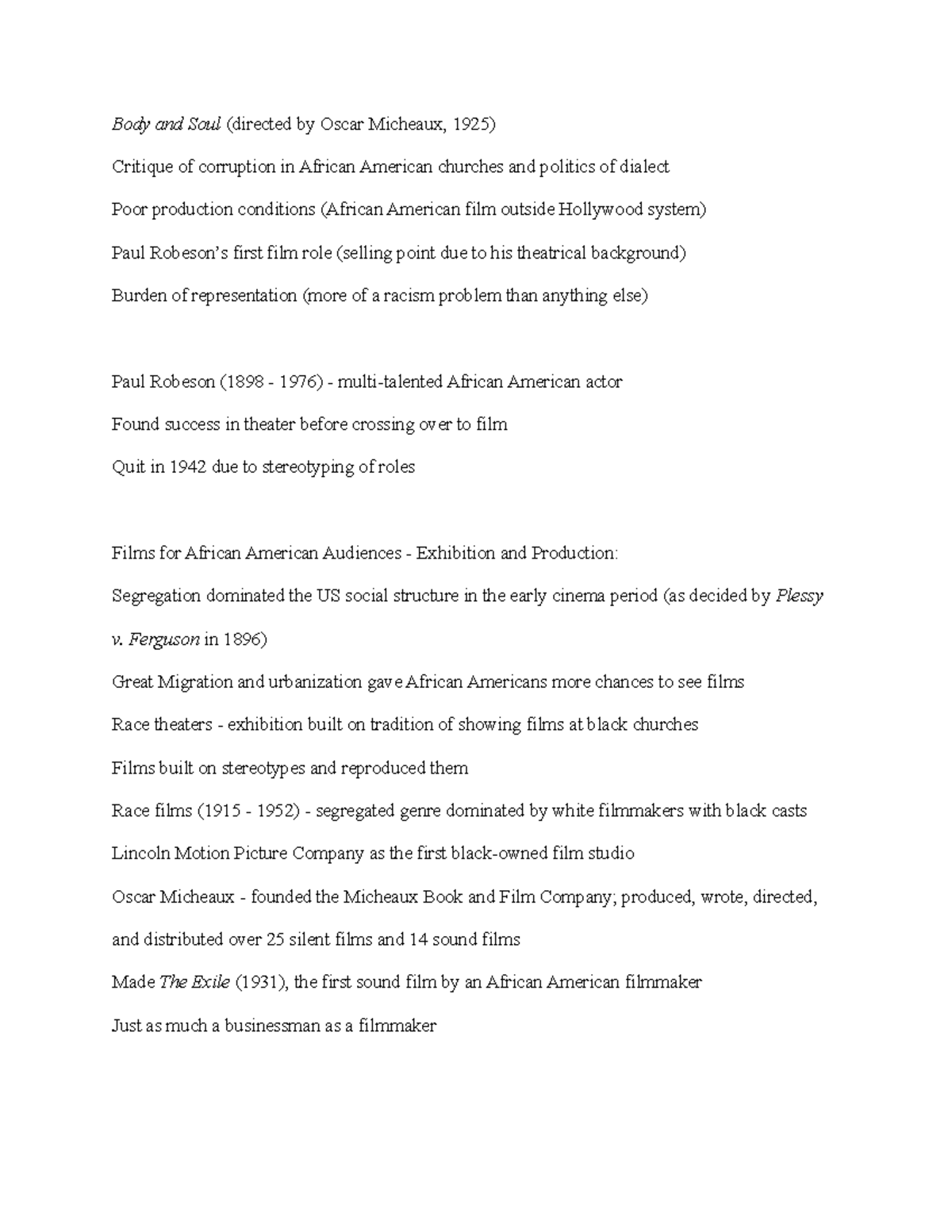 Week 7 Comprehensive summary of lecture and readings Body and Soul