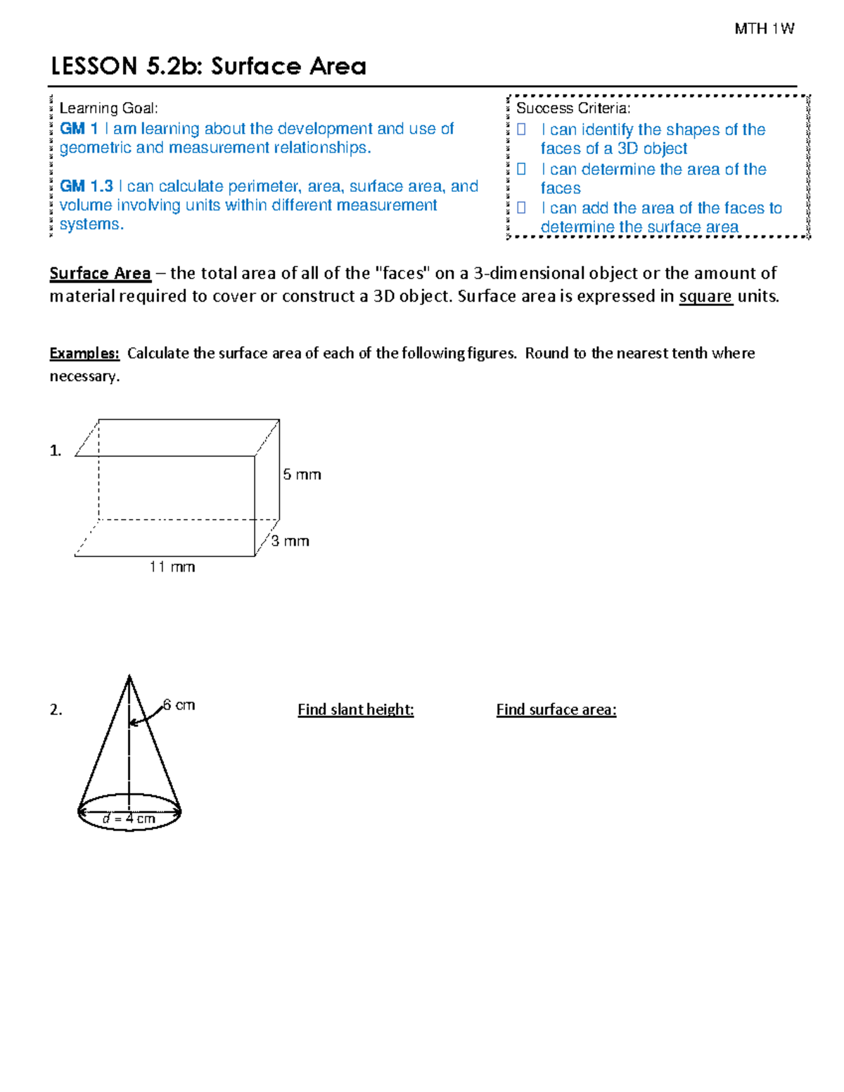 5.3b - Surface Area - MATH GRADE 9 MAINSTREAM 2022-2023 - MTH 1W LESSON ...