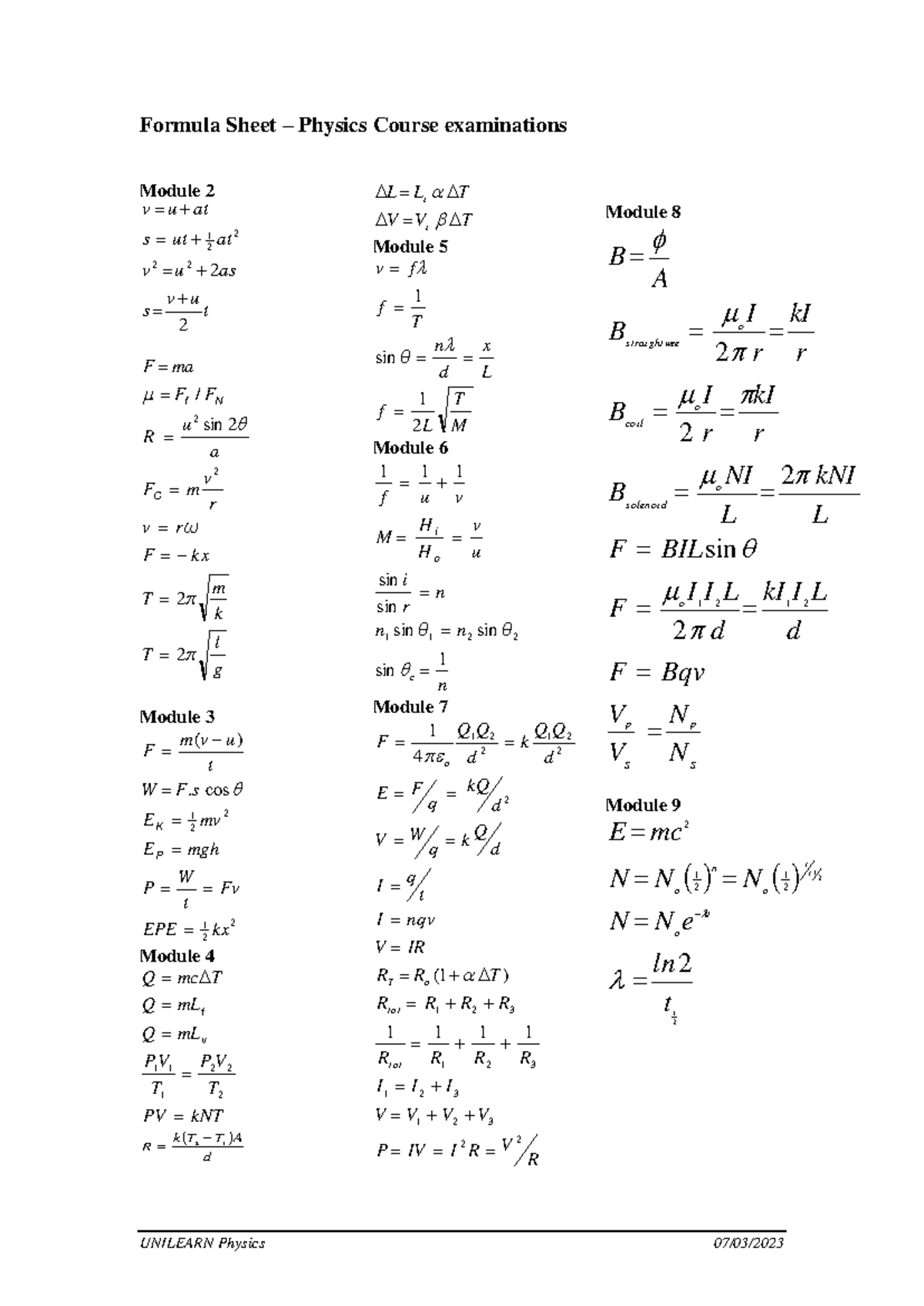 Physical Formula Sheet - Unilearn Physics 07 03  Formula Sheet 