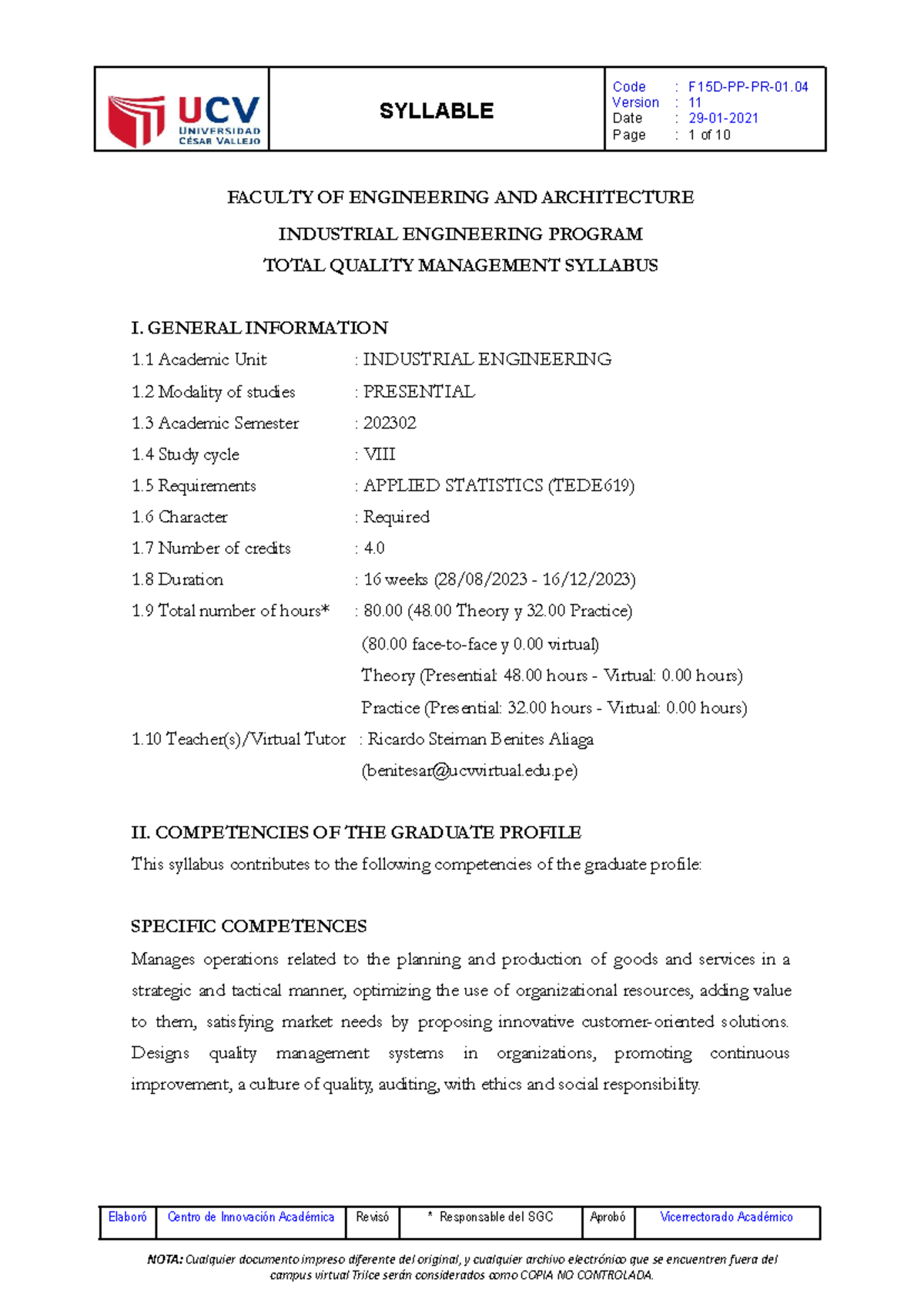 Total Quality Management Syllabus - SYLLABLE Version : 11 Date : 29-01 ...