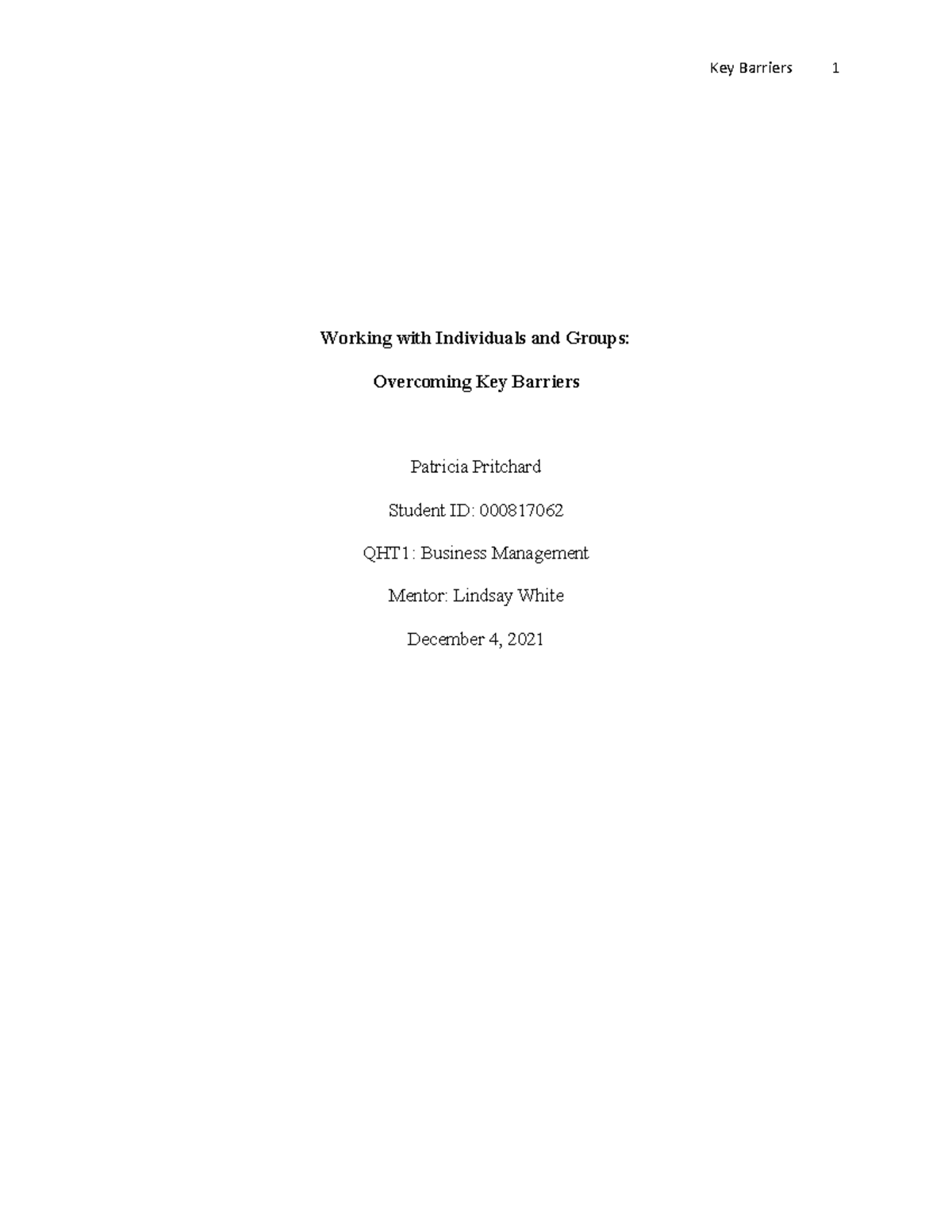 QHT1 task 4example - Working with Individuals and Groups: Overcoming ...