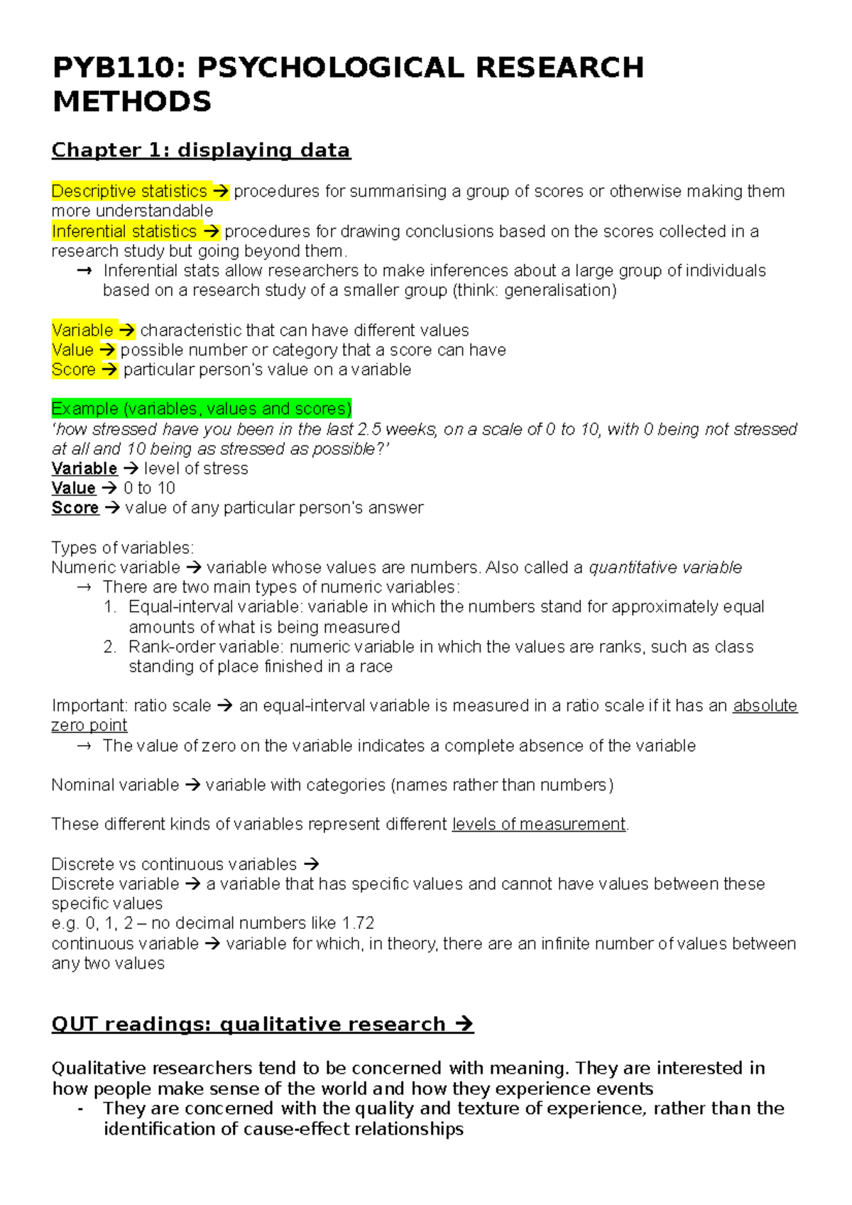 PYB110 Notes - PYB110: PSYCHOLOGICAL RESEARCH METHODS Chapter 1 ...