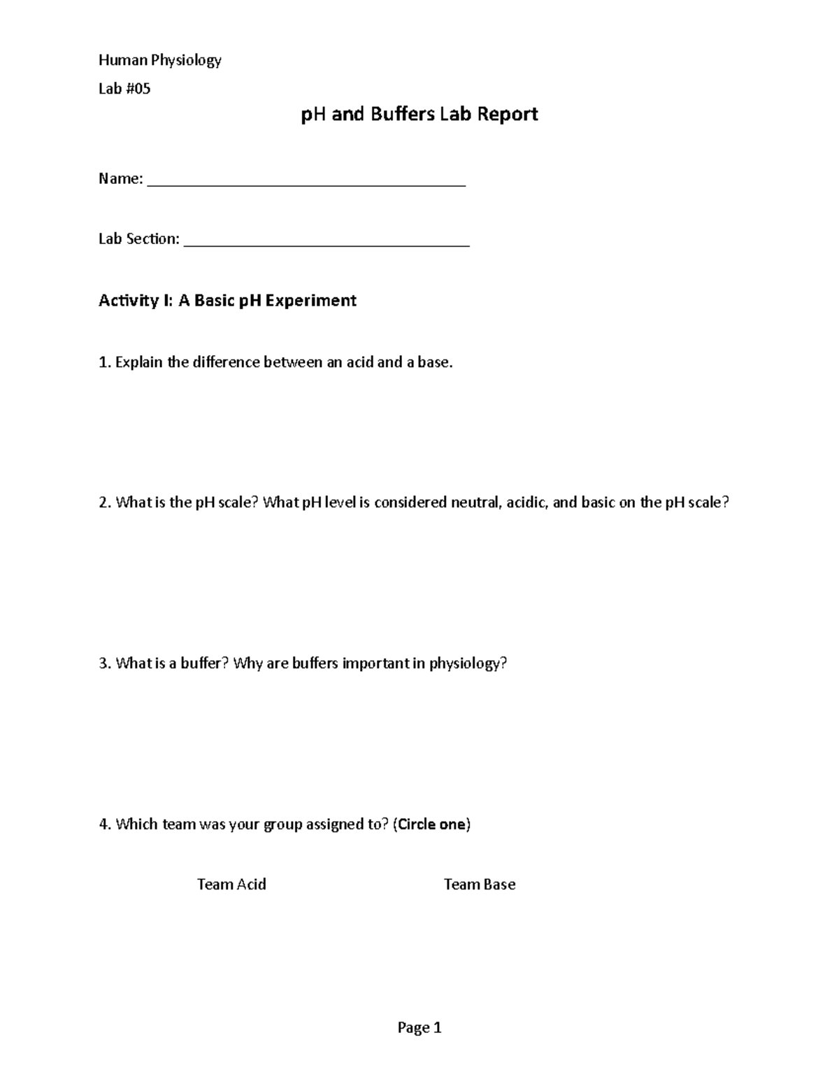 Lab 05 Report Form SZM Lab worksheet. Lab pH and Buffers Lab