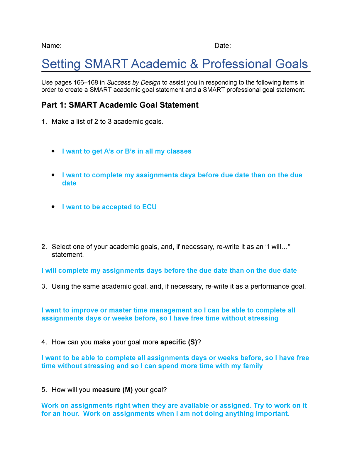 Setting Smart Goals Assignment - Name: Date: Setting SMART Academic ...