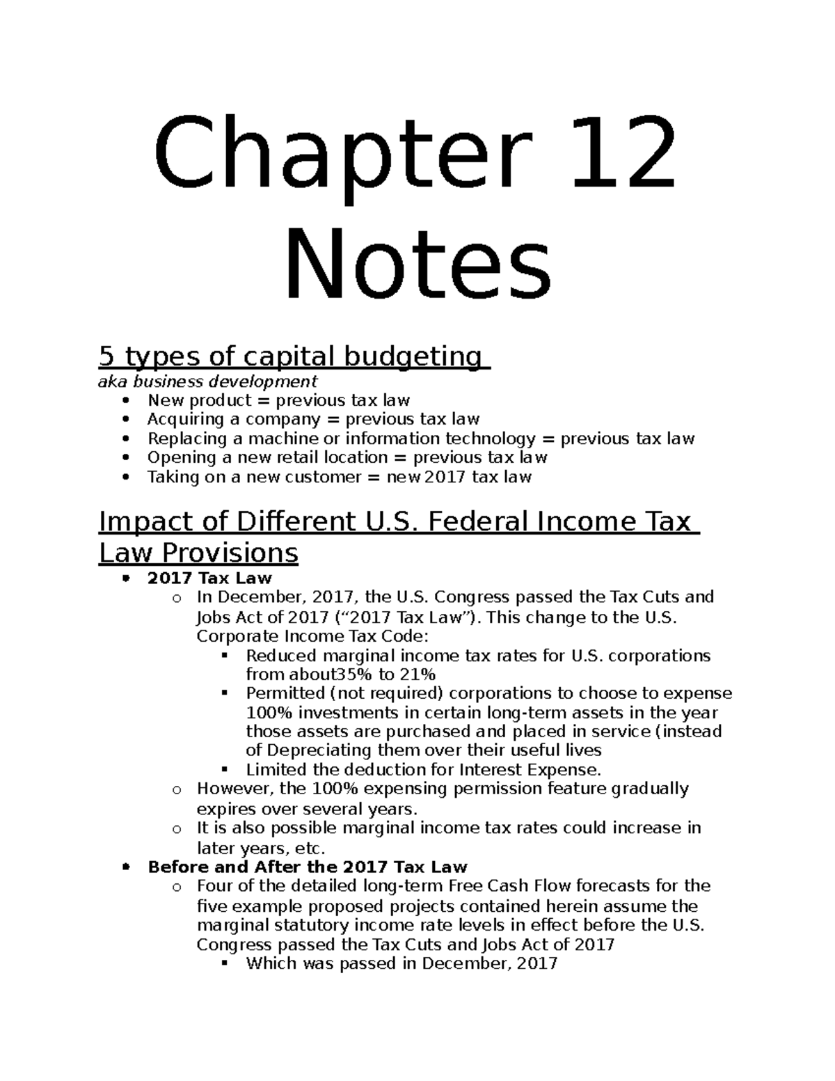 Chapter 12 Notes - n/a - Chapter 12 Notes 5 types of capital budgeting ...
