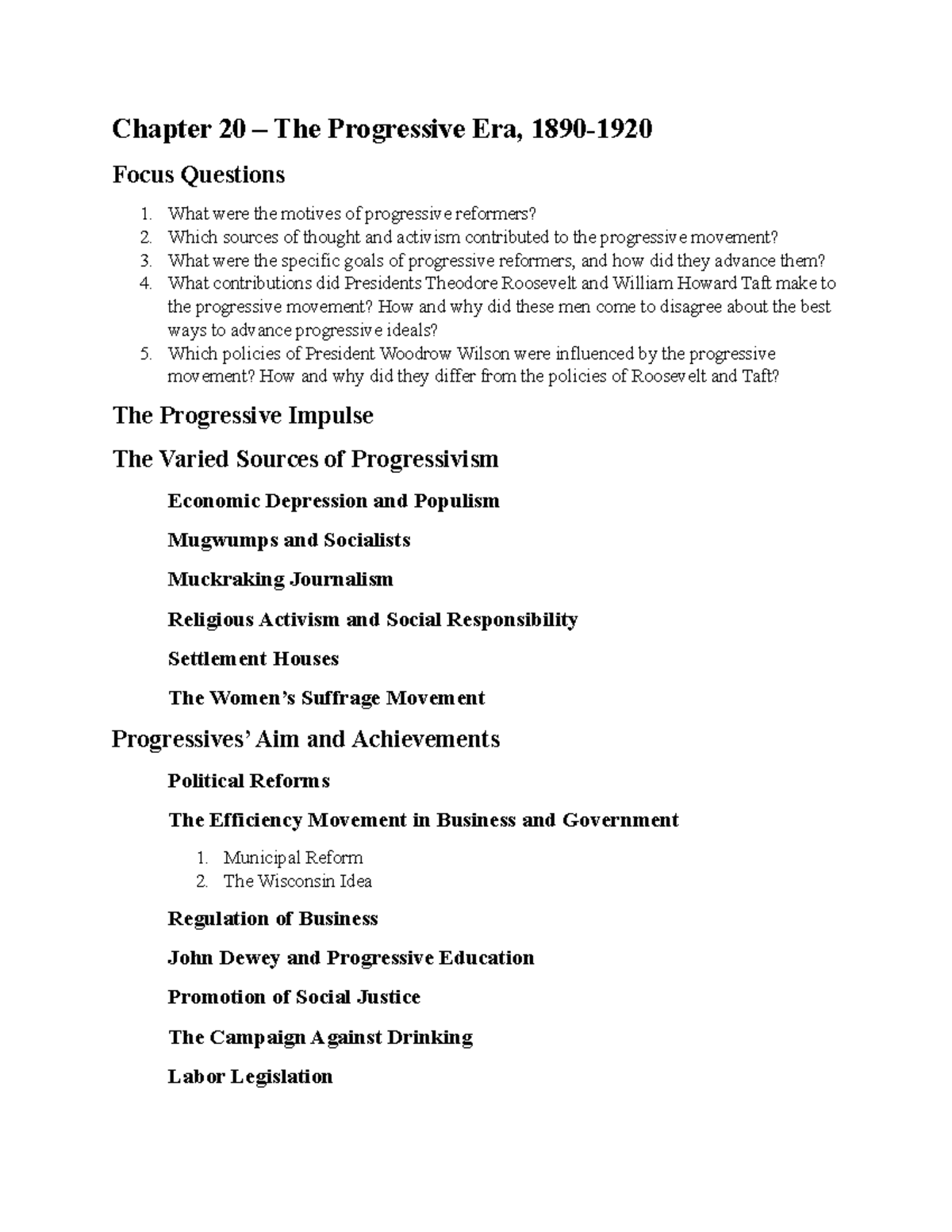 Amnar 12 Brief Chapter 20 Outline - Chapter 20 – The Progressive Era ...