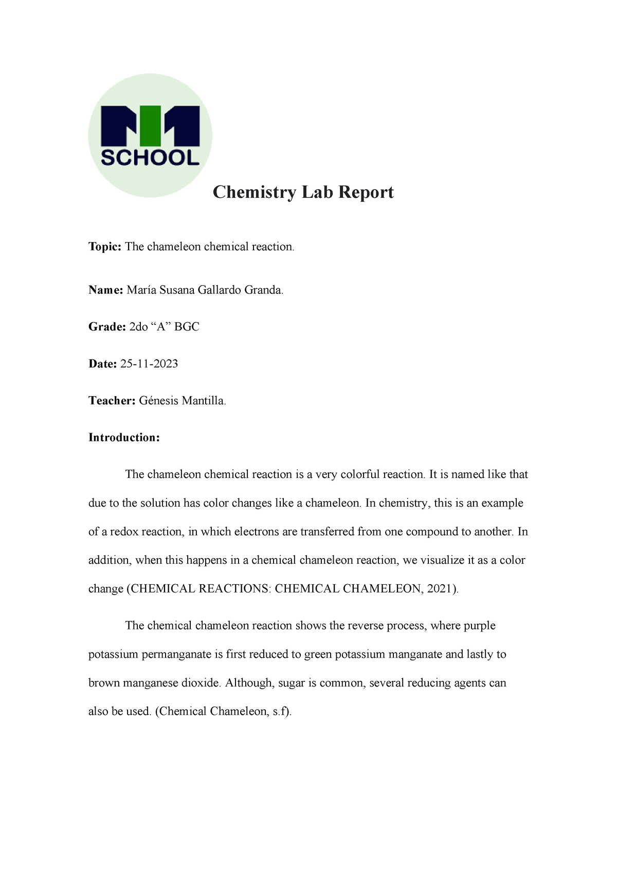 Lab Report 2 Chameleon Reaction - Chemistry Lab Report Topic: The ...