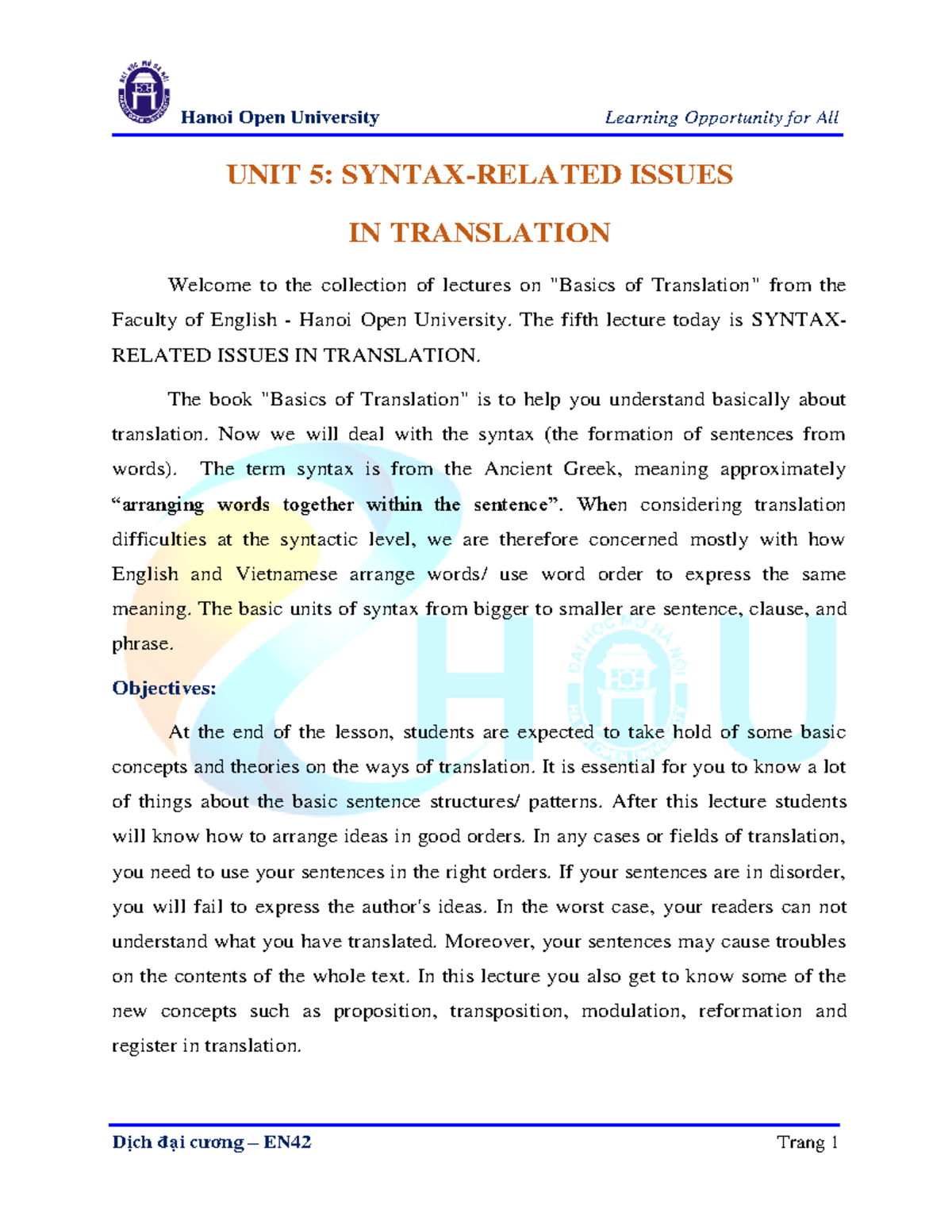 Unit 5 - UNIT 5: SYNTAX-RELATED ISSUES IN TRANSLATION Welcome to the ...
