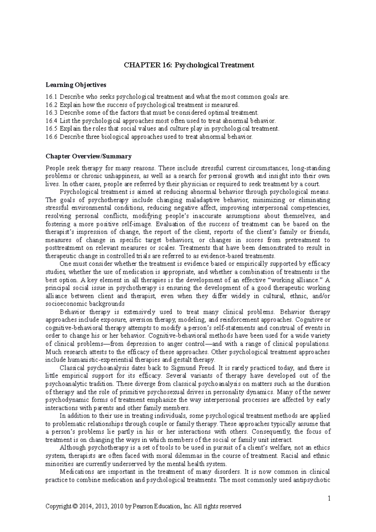 Chapter 16 Summary- Treatment - CHAPTER 16: Psychological Treatment ...
