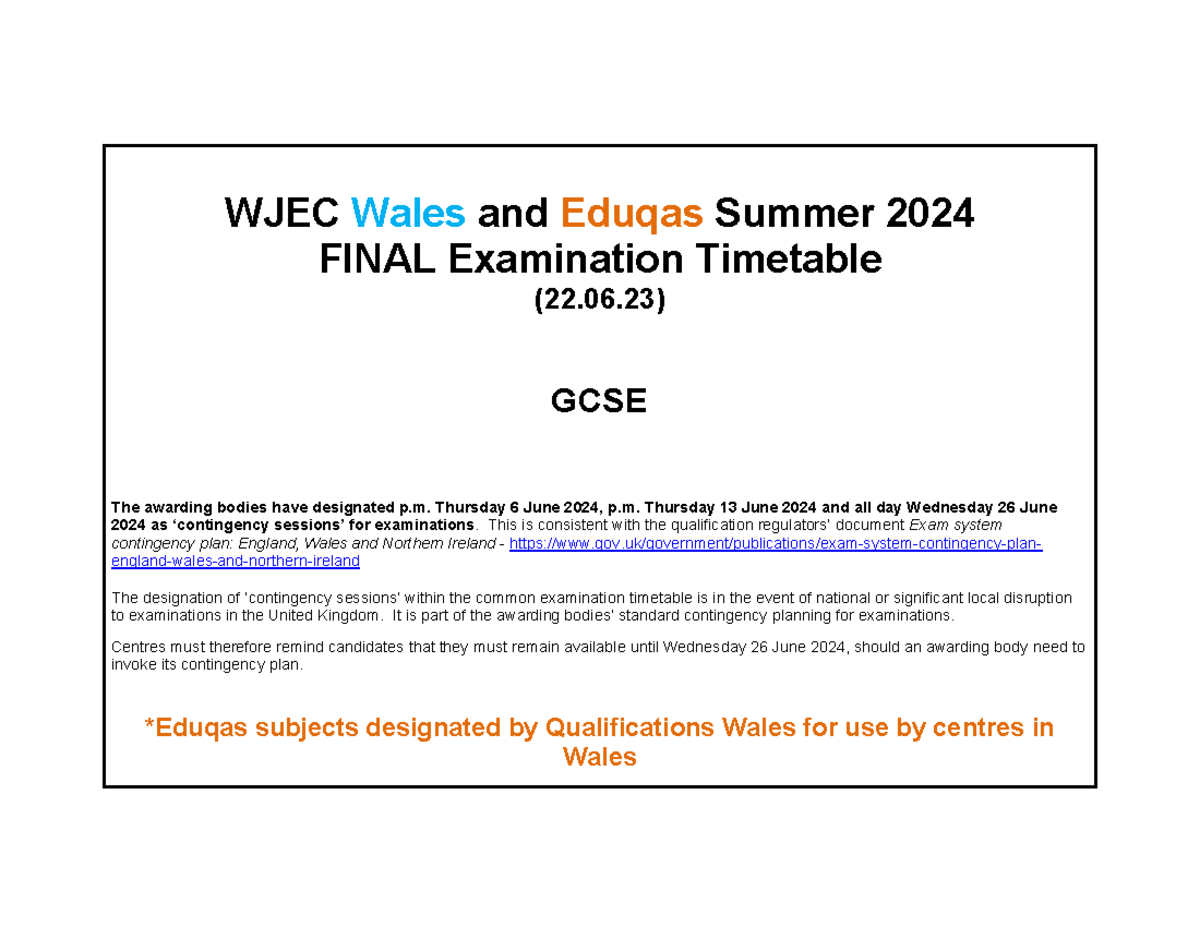 Summer2024walesandeduqasgcsefinalexamtimetable220623 WJEC