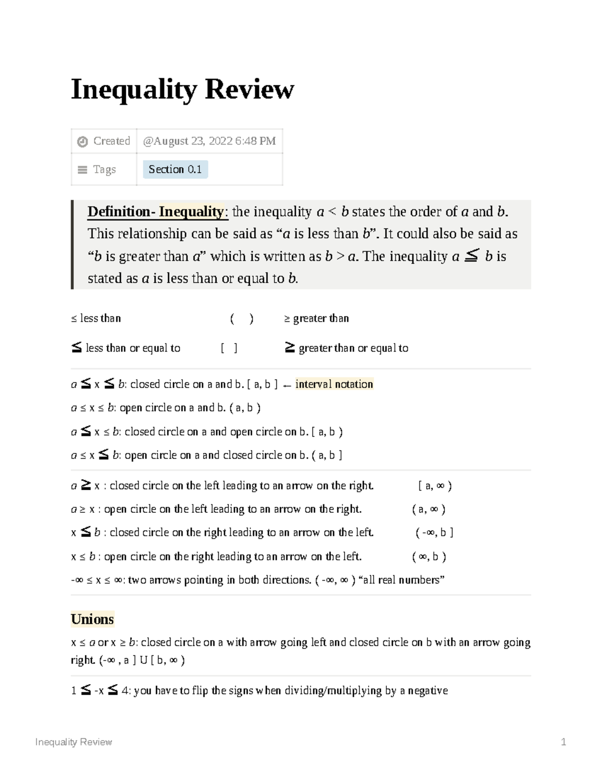 Inequality Review Definition Inequality the inequality a