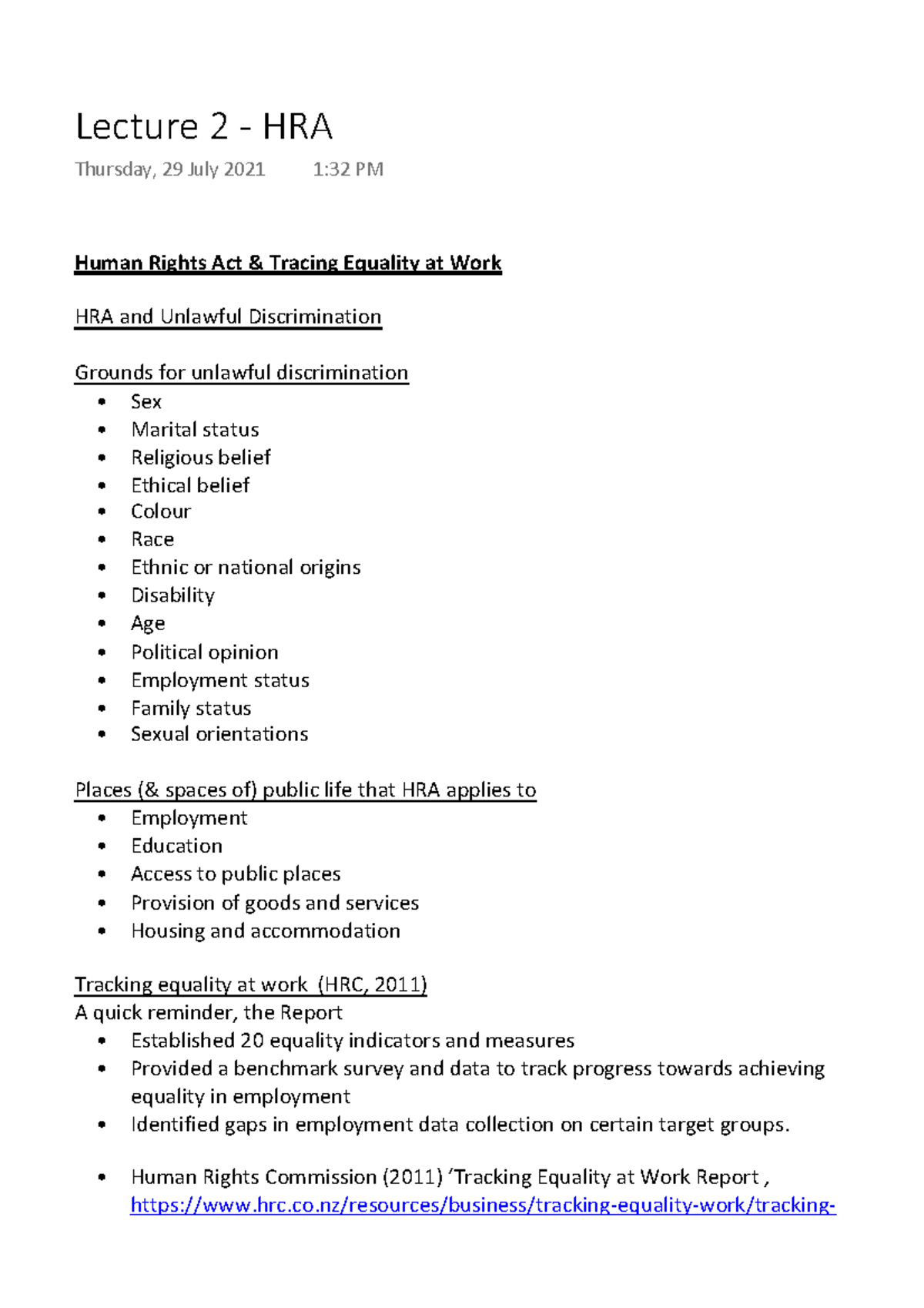 HRA - Lecture notes for HRA - Human Rights Act & Tracing Equality at ...