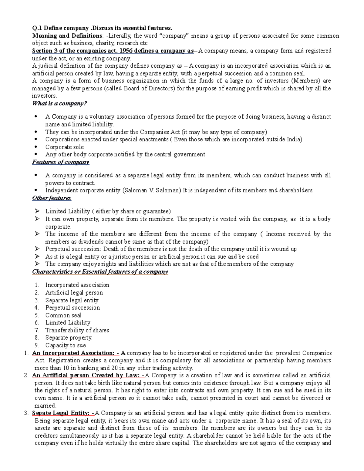 Company Law Q&A class notes for Exam Point Q Define company