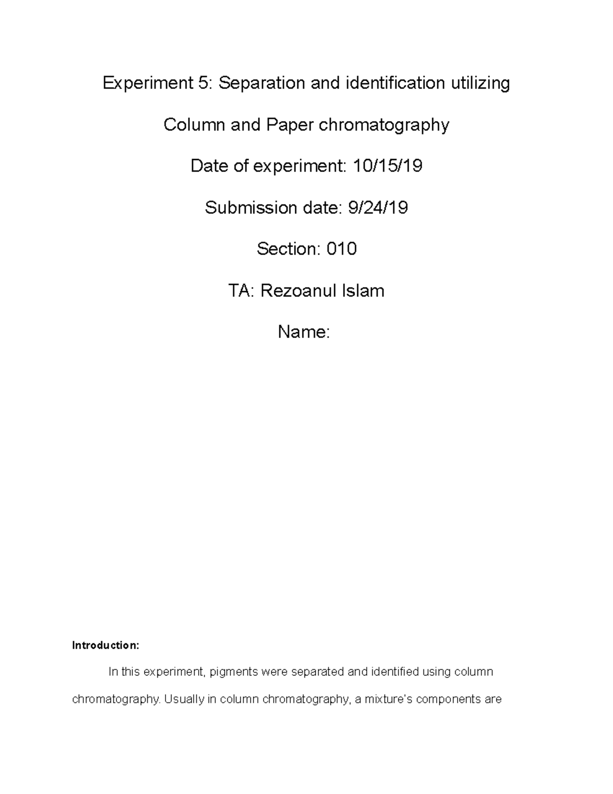 Experiment 5 Separation and identification utilizing Column and Paper ...