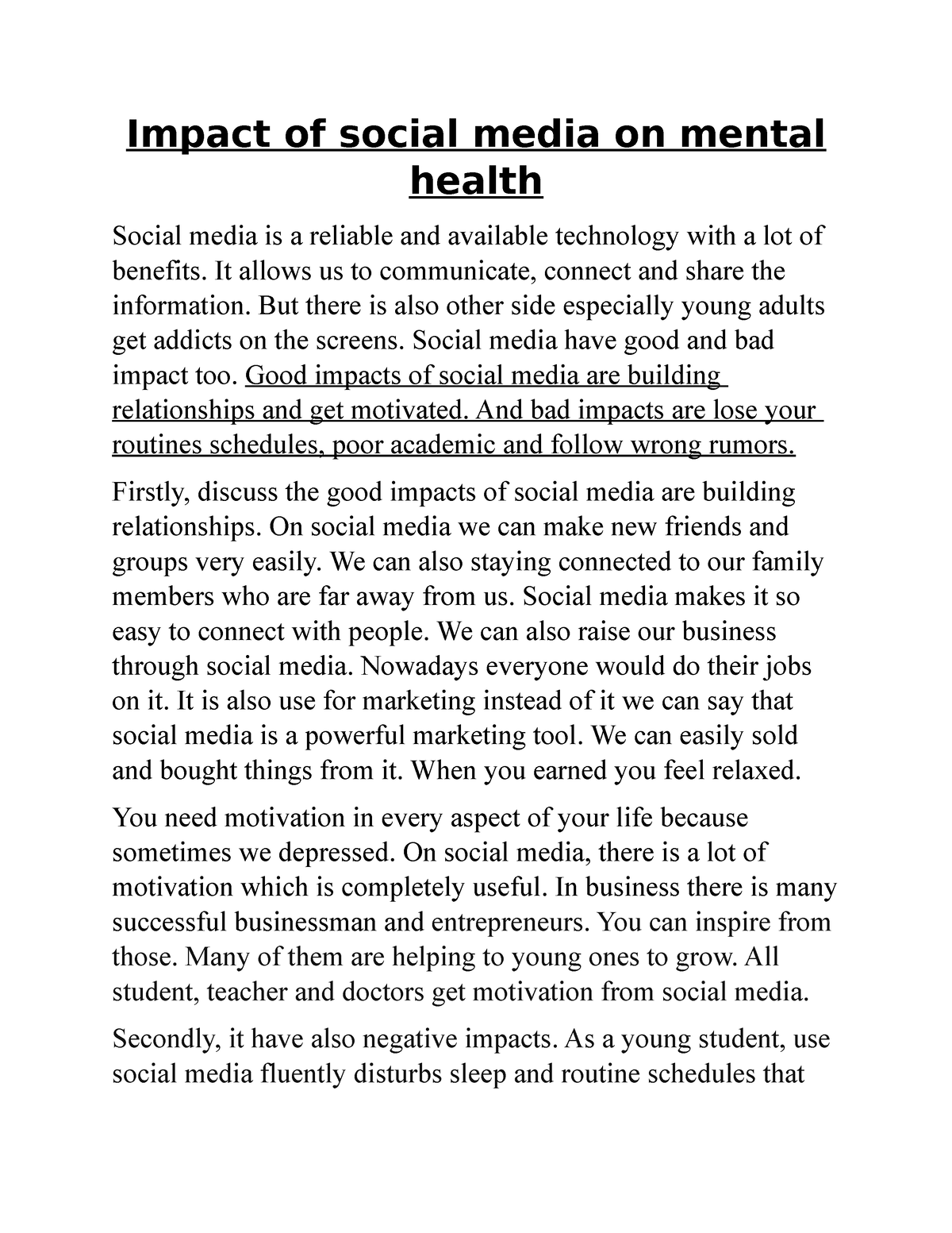 social media impact on mental health essay