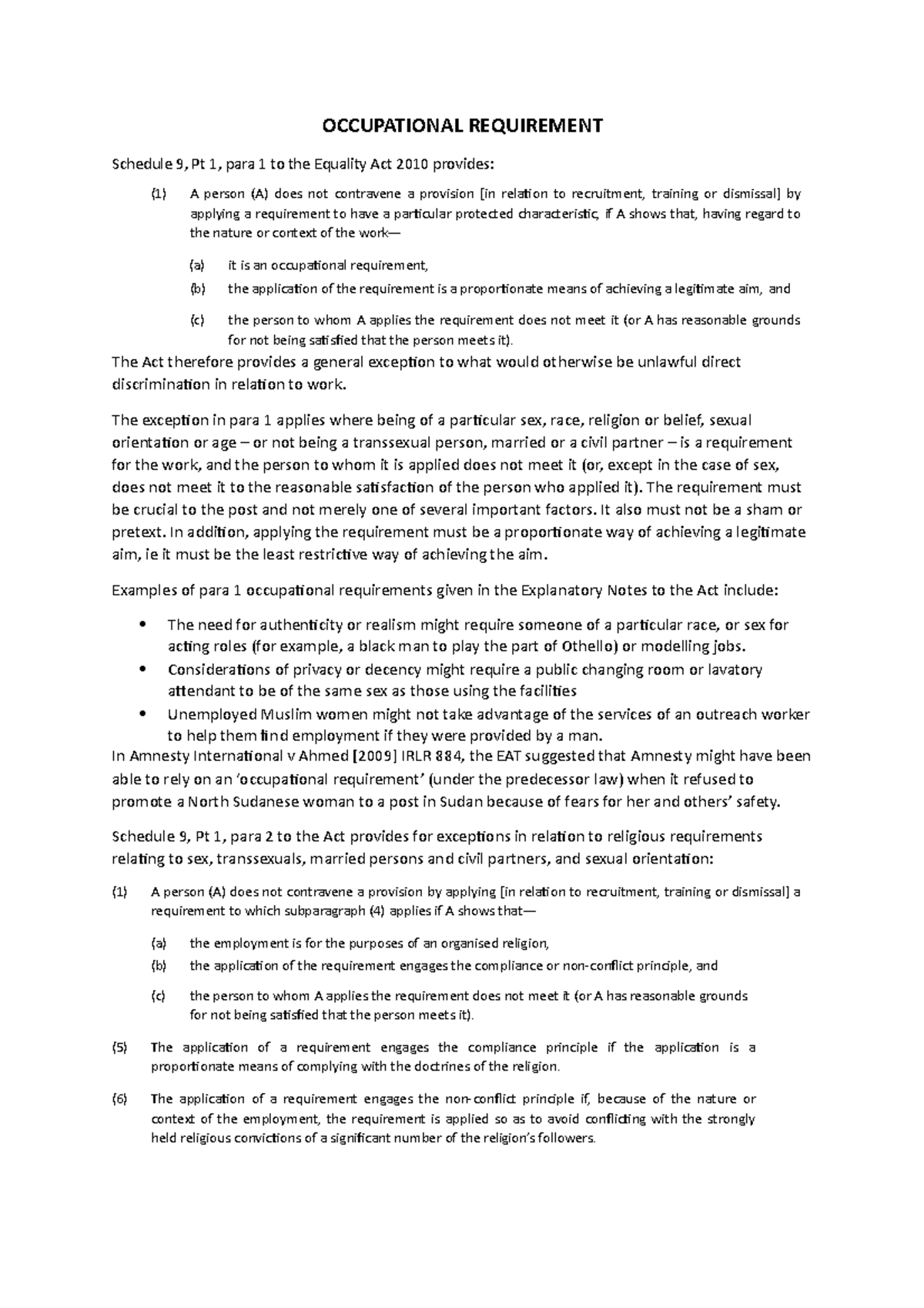 Occupational Requirement OCCUPATIONAL REQUIREMENT Schedule 9, Pt 1