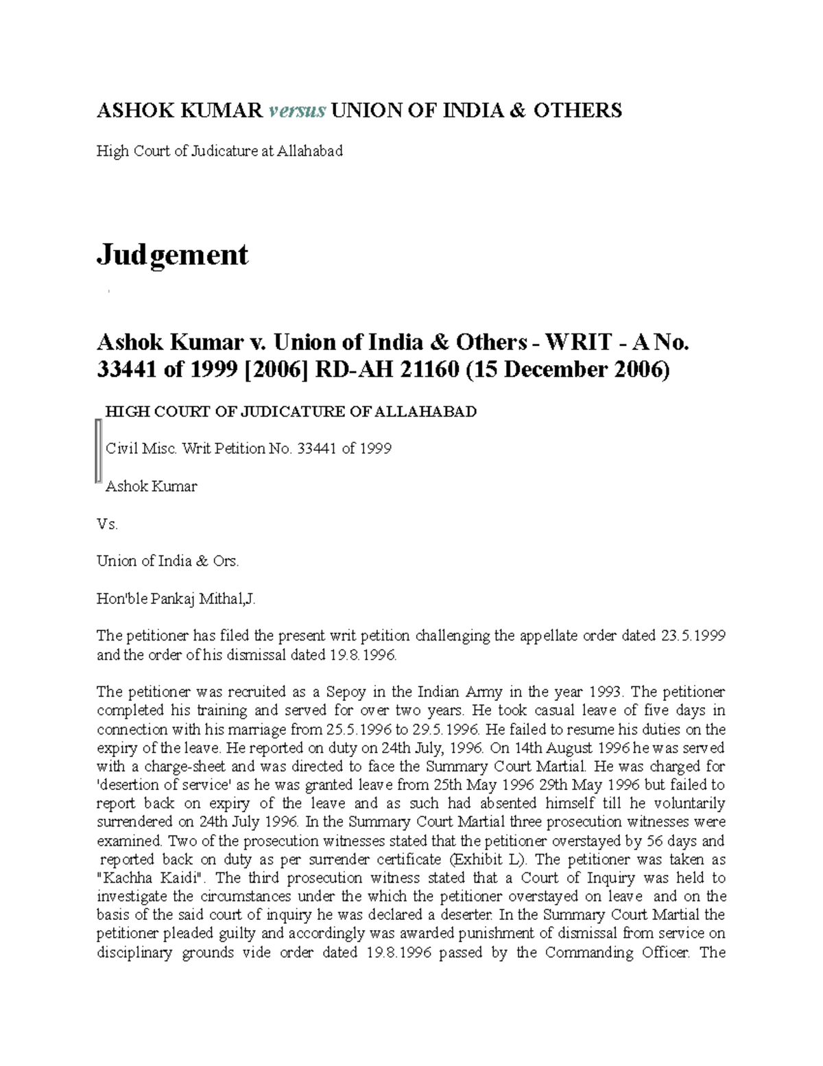 Ashok Kumar versus Union OF India Legal Drafting Studocu