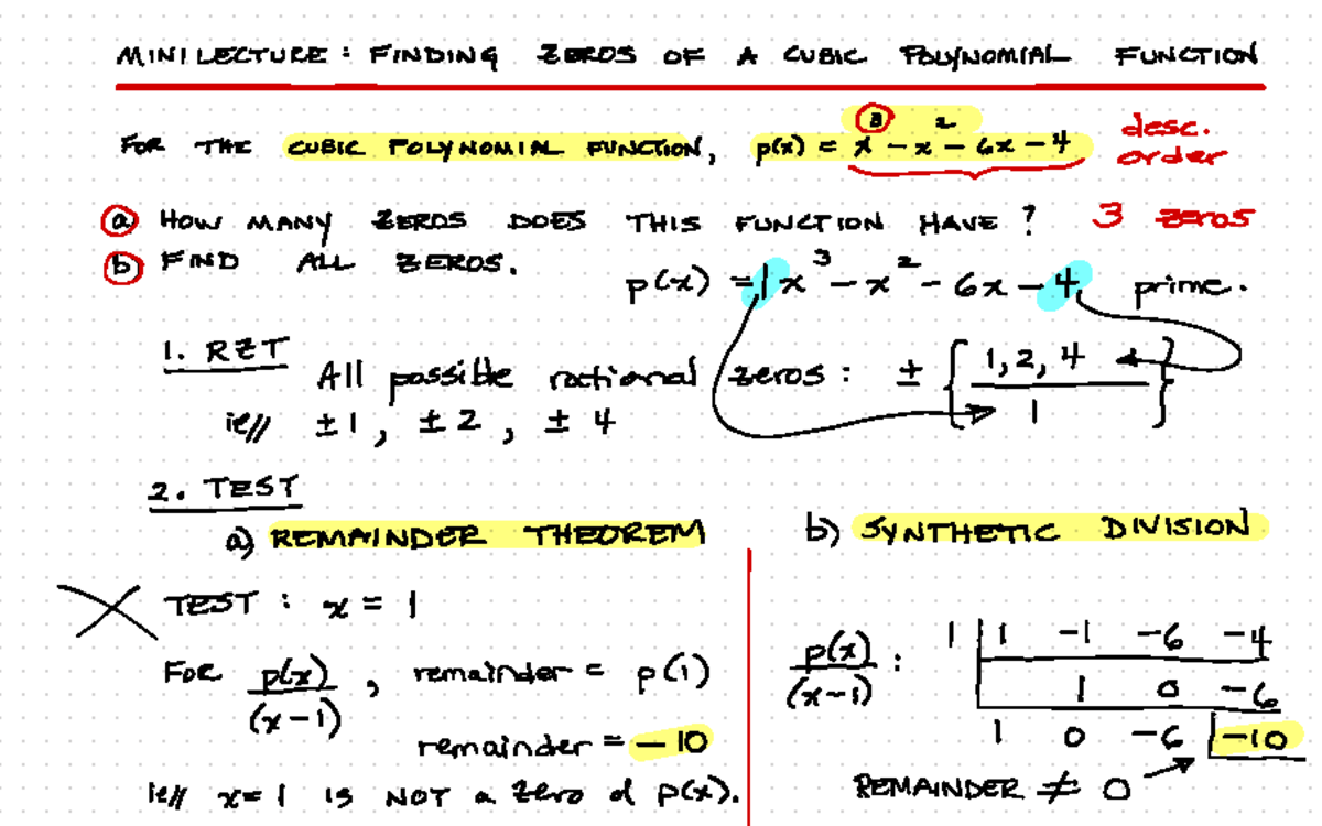 Mini lecture on finding zeros of a cubic polynomial function mini