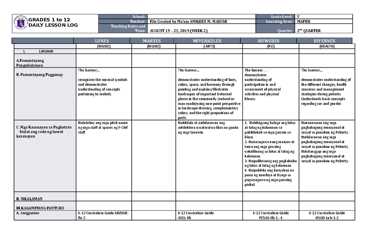 DLL Mapeh 5 Q2 W2 - useful - GRADES 1 to 12 DAILY LESSON LOG School ...