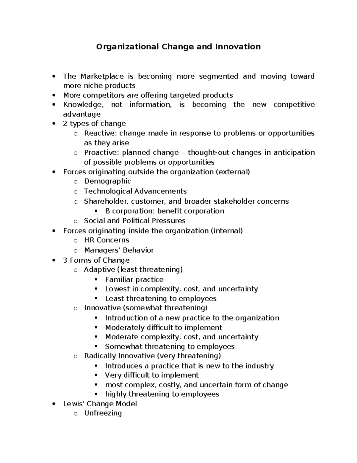 Chapter 10 Notes - Organizational Change and Innovation The Marketplace ...