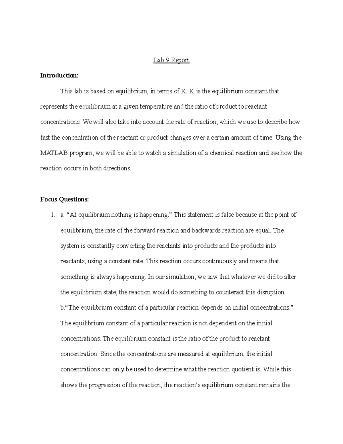 Chemistry 106 Lab 9 Report - Lab 9 Report Introduction: This lab is ...