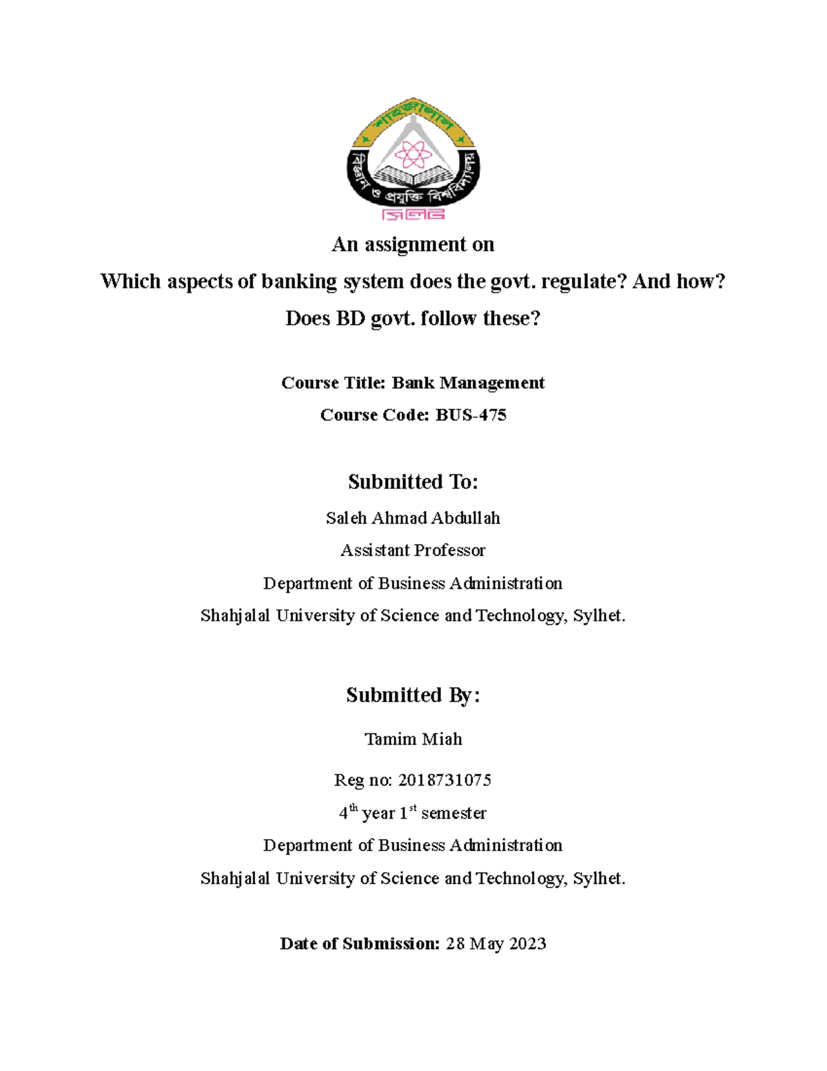 Bank assignment Banking & Insurance SUST Studocu