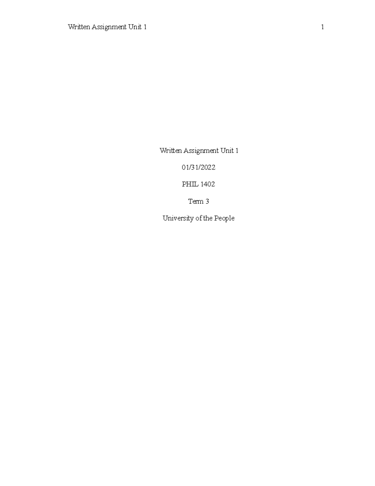 HIST 1421 Written Assignment Unit 1 - University of the People Written ...