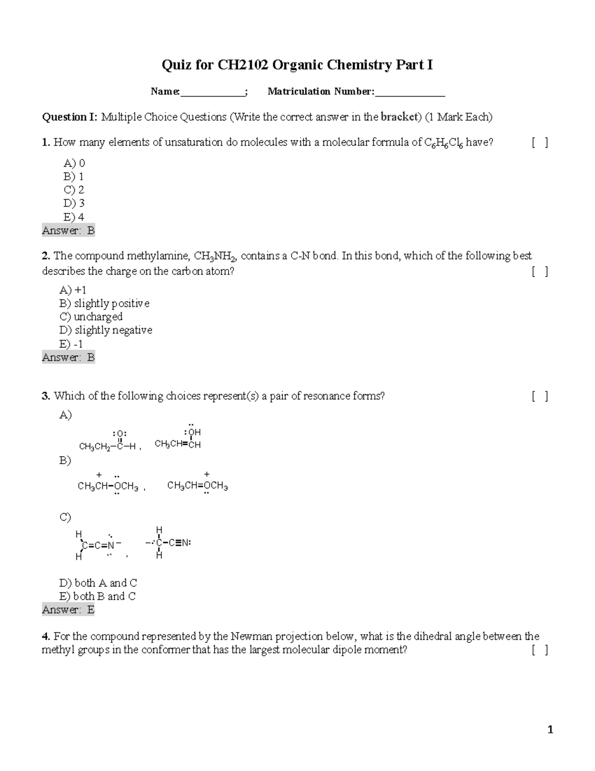 PYP Orchem Quiz 1 - Past year quiz 1 - Quiz for CH2102 Organic ...