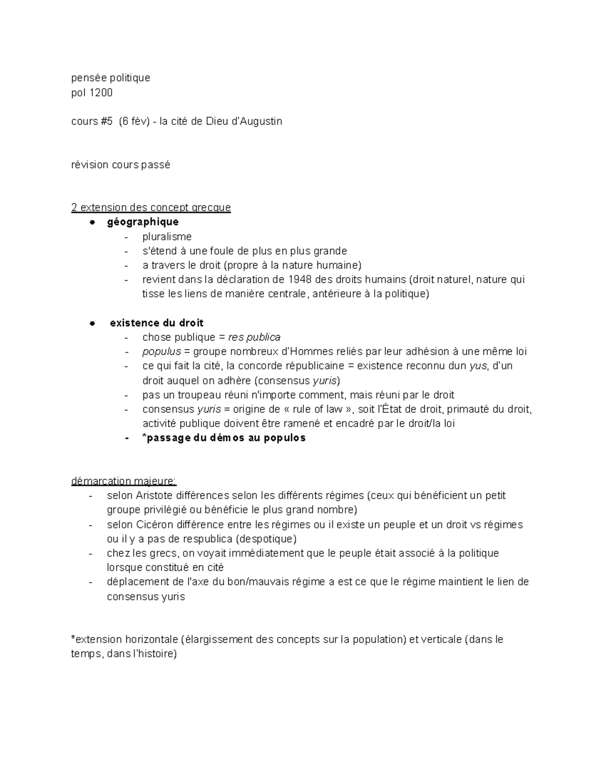 Philo - cours #5 - notes - pensée politique pol 1200 cours #5 (6 fév ...